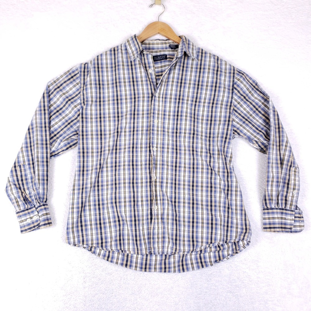 Austin Clothing Co Mens Large Plaid Button Down Shirt Blue Tan White Long Sleeve